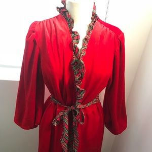 Vintage Red Velvet Robe/Duster with Plaid trim